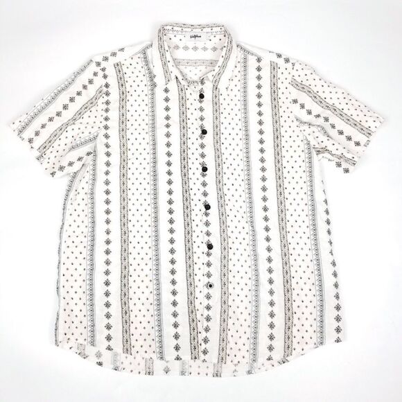 Vatpave White 90s Boho Print Button Down Casual Short Sleeve Shirt Men Large y2k - Picture 1 of 6